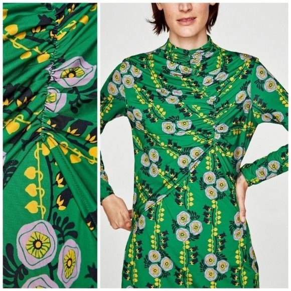 Zara Dresses & Skirts - Zara Green Floral Long Sleeve Dress